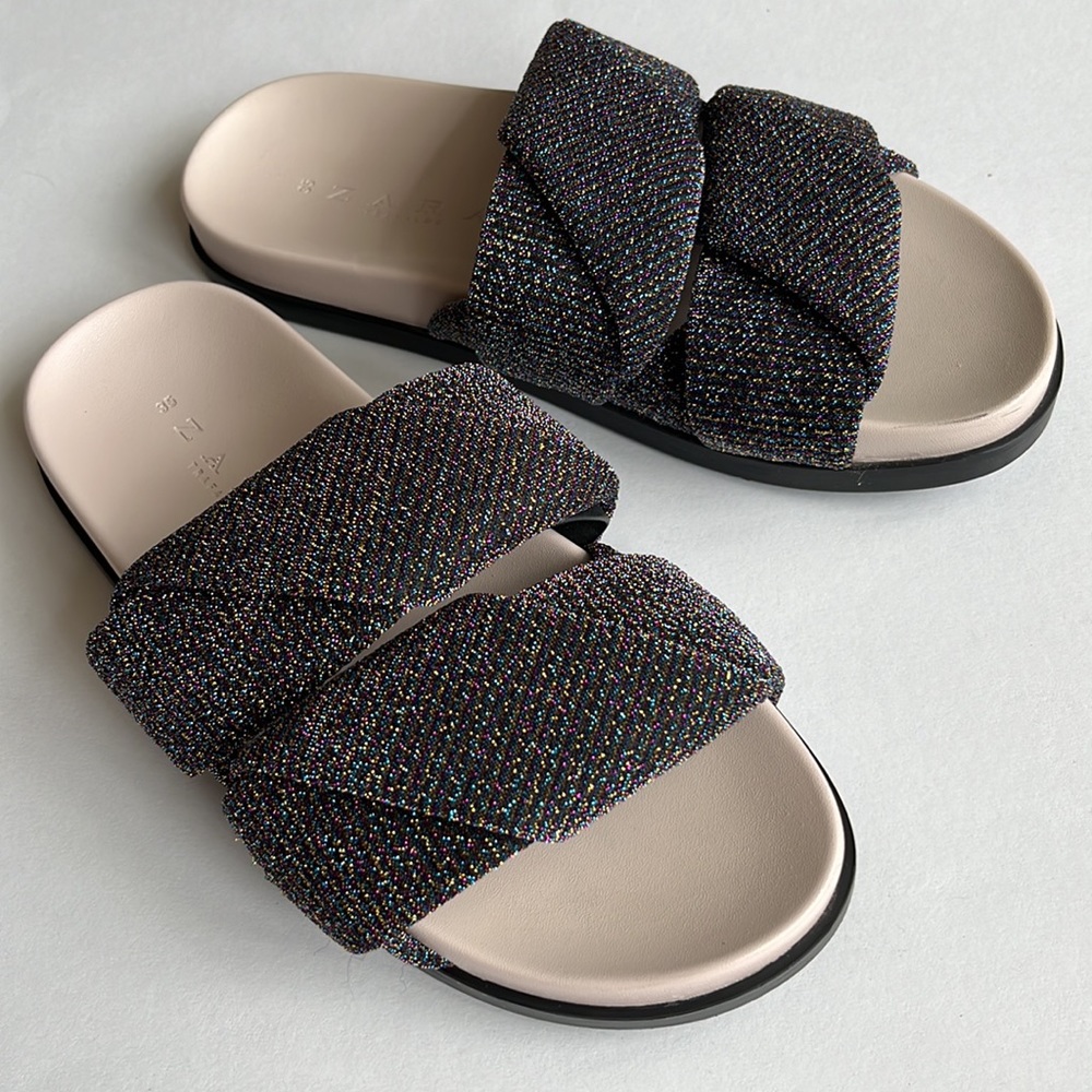 ZARA Trafaluc Glitter Fabric Slide Sandals